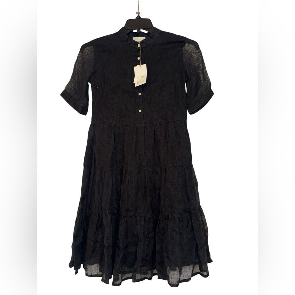NWT BECASA 100% Linen Black Dress With Tiered mini short sleeve dress sz small